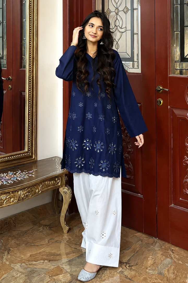 Navy Schiffli Contrast 2-Piece Set