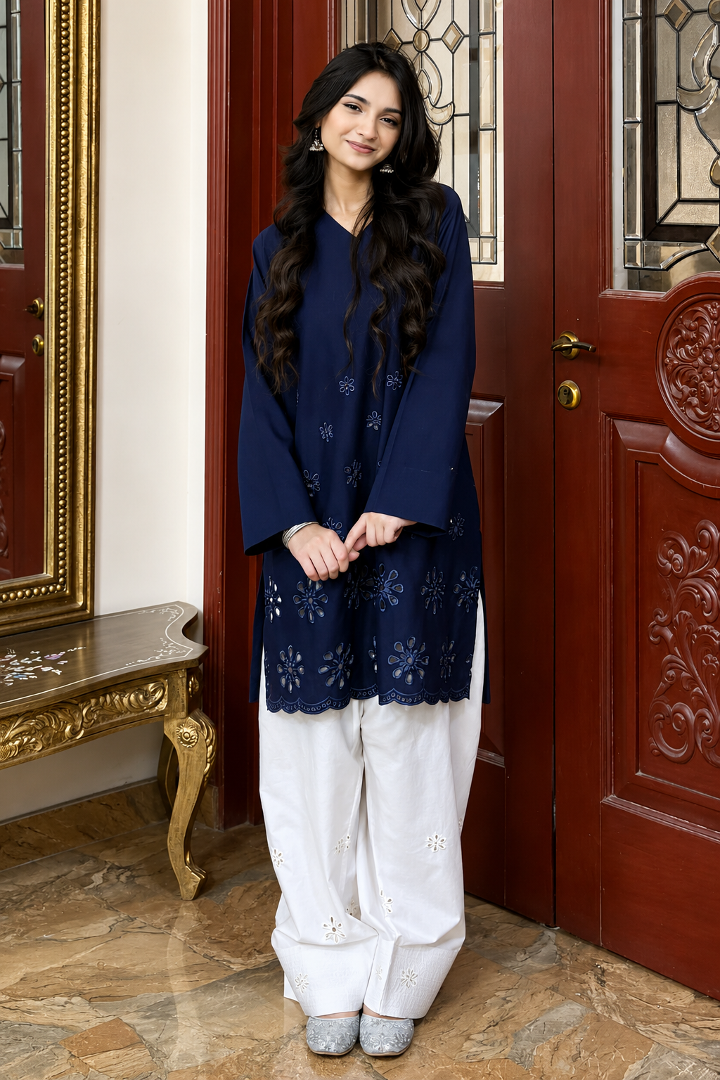 Navy Schiffli Contrast 2-Piece Set