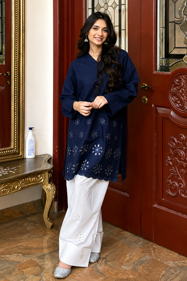 Navy Schiffli Contrast 2-Piece Set