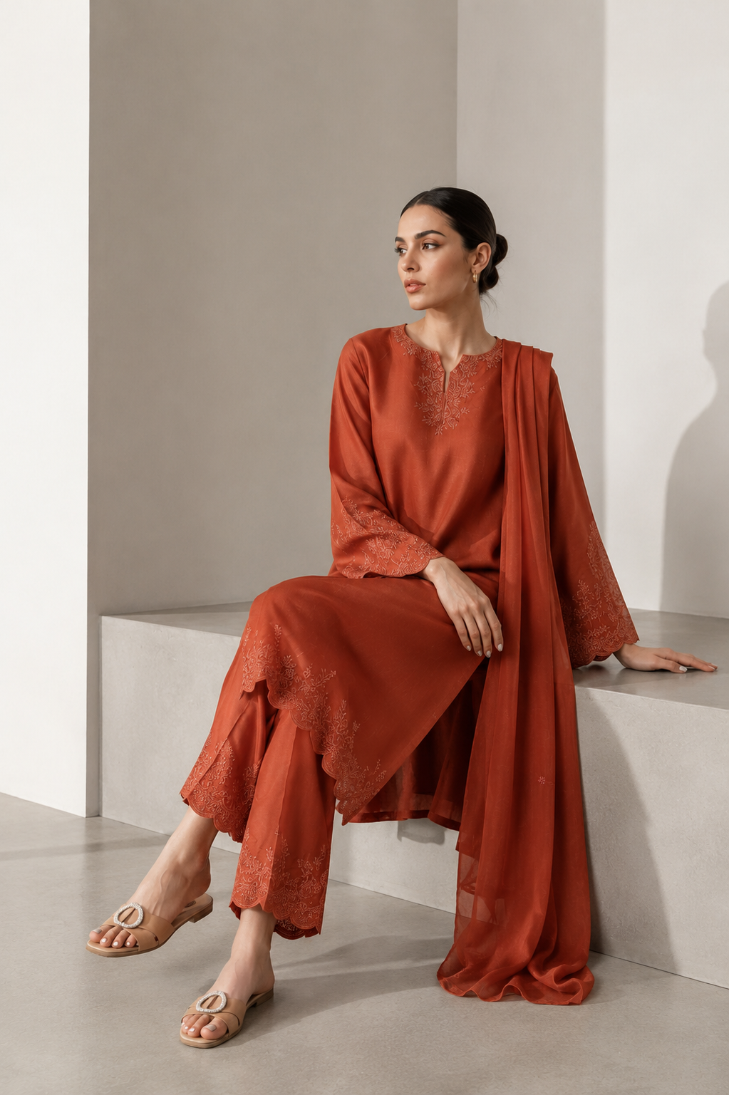 Burnt Orange Embroidered 3-Piece Set