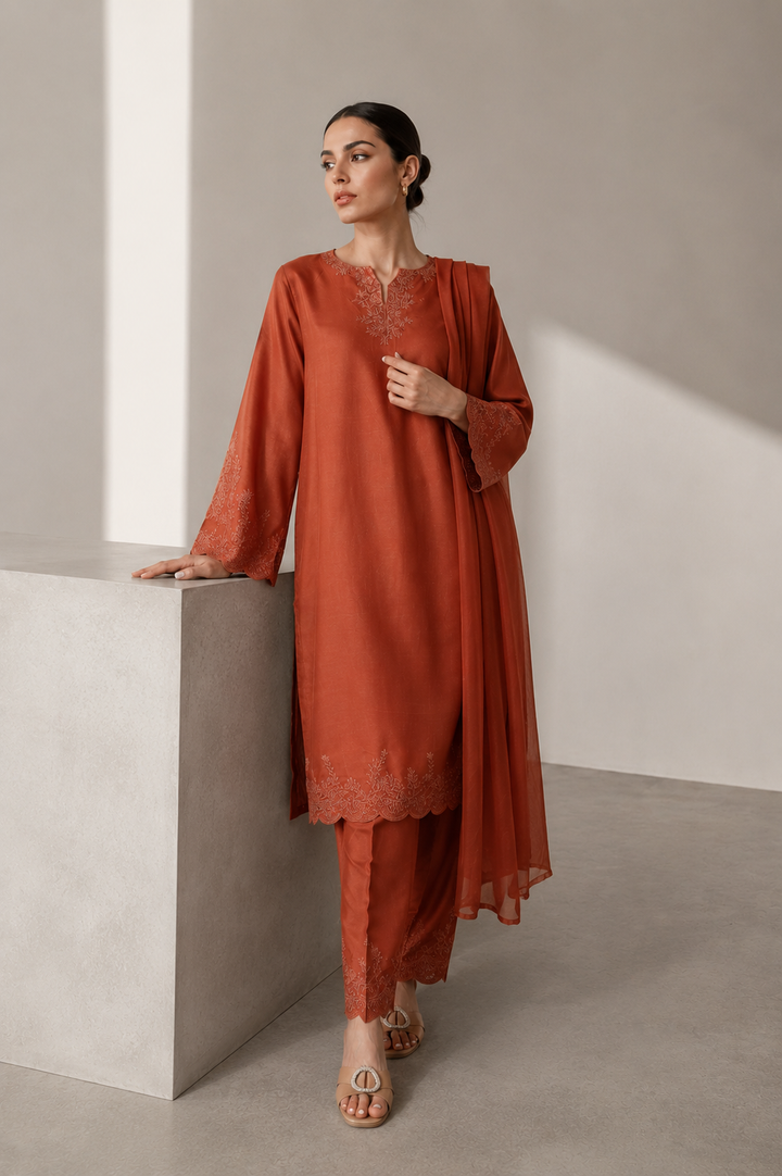 Burnt Orange Embroidered 3-Piece Set