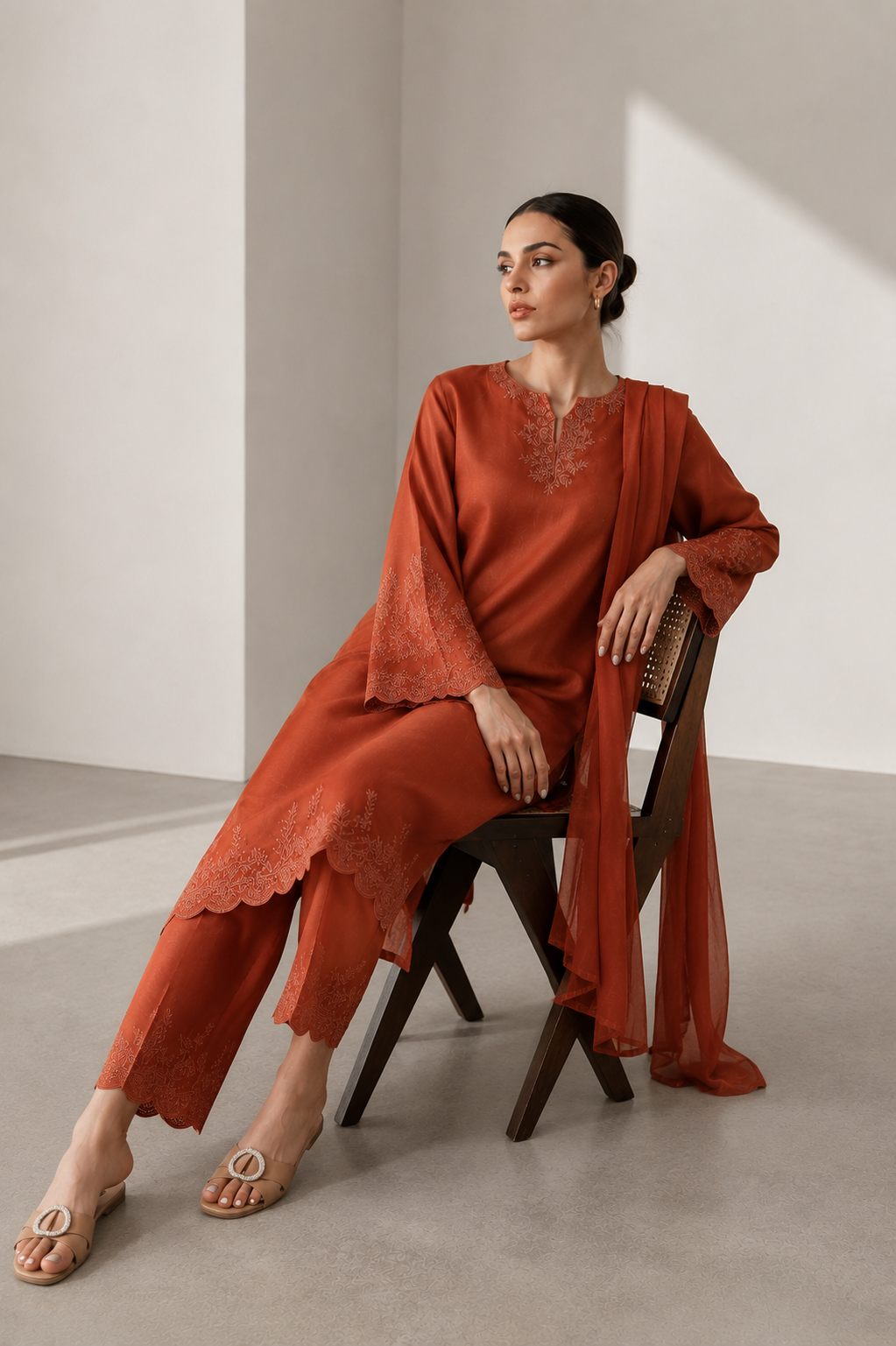 Burnt Orange Embroidered 3-Piece Set