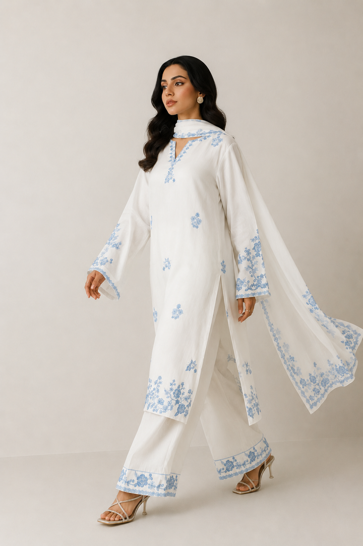 Ivory White Embroidered - 3-Piece Set