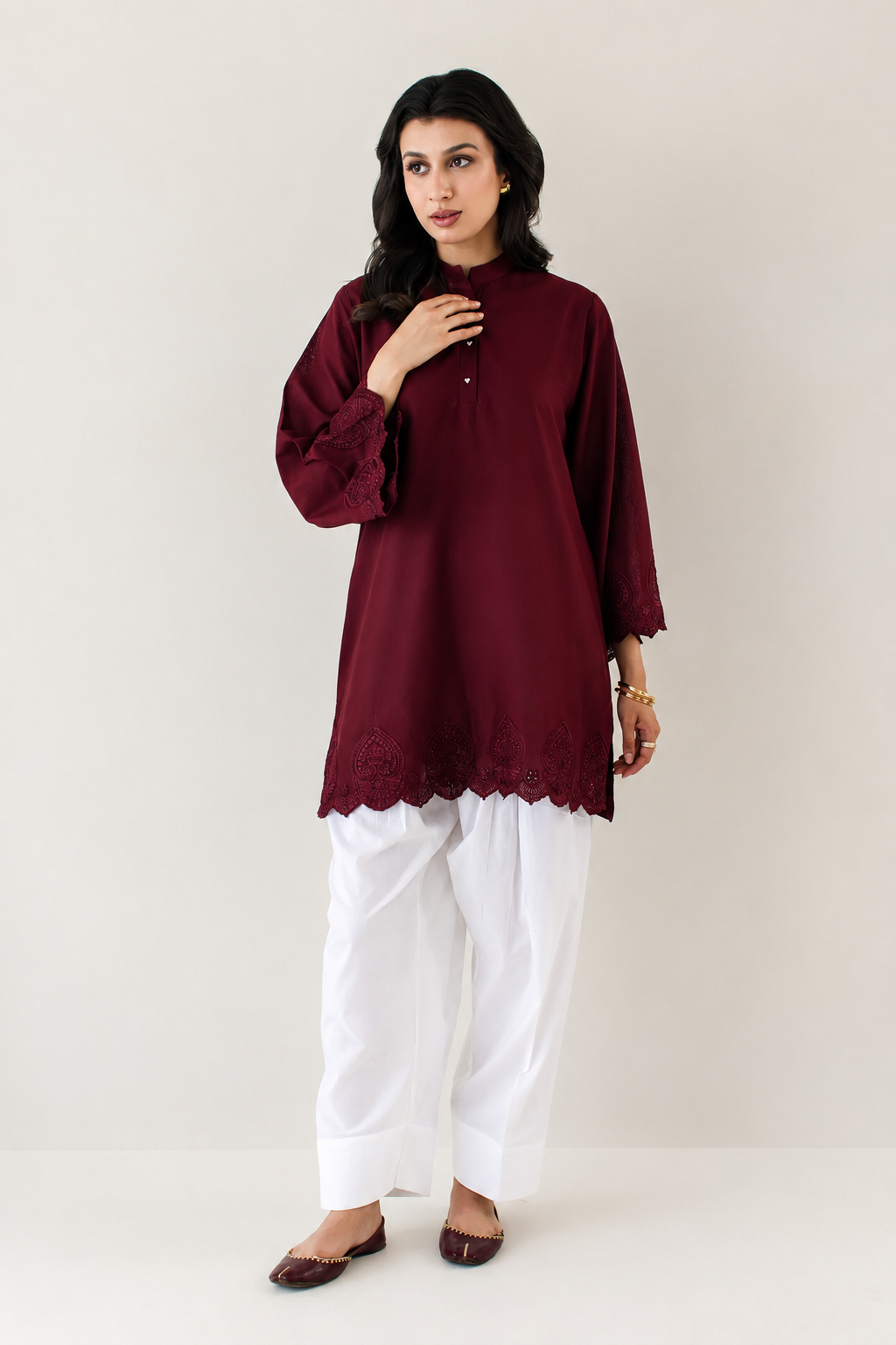 Burgundy Schiffli Contrast 2-Piece Set