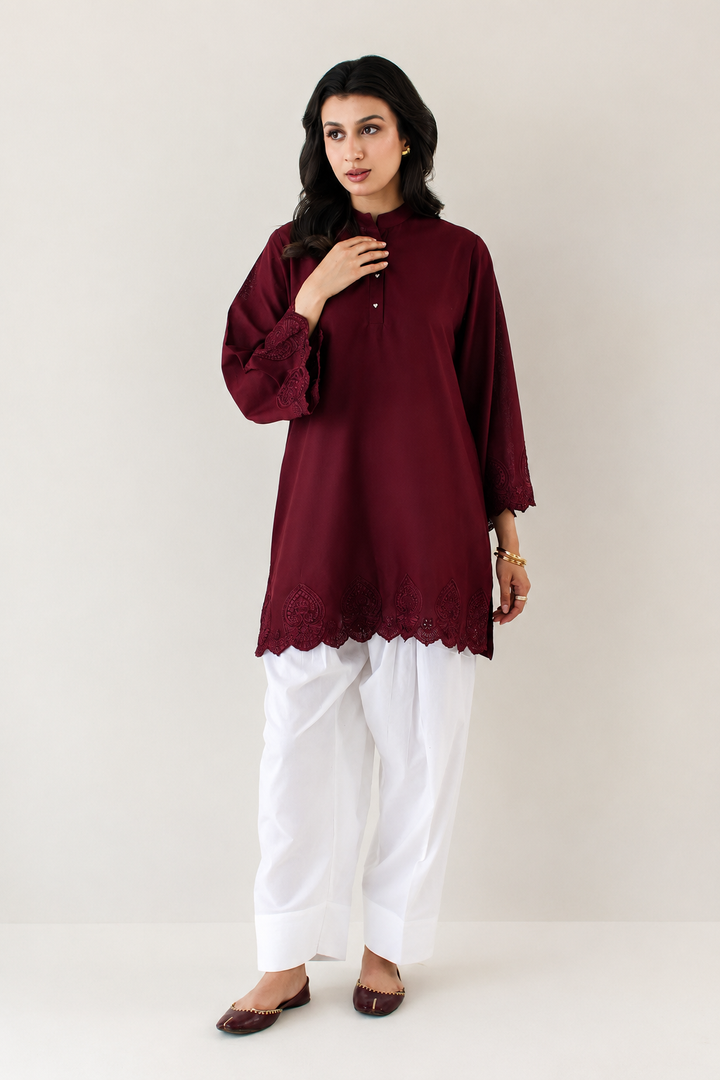 Burgundy Schiffli Contrast 2-Piece Set
