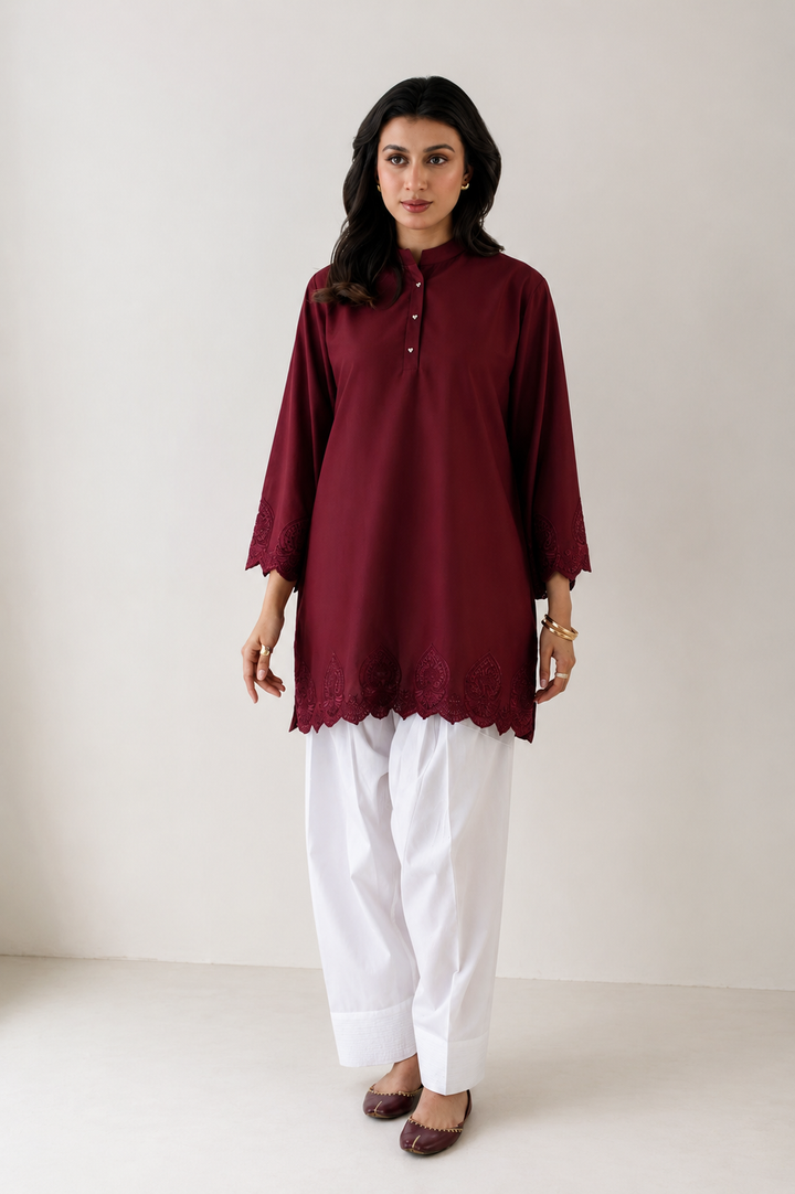 Burgundy Schiffli Contrast 2-Piece Set