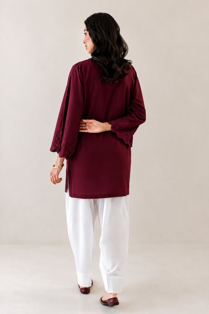 Burgundy Schiffli Contrast 2-Piece Set
