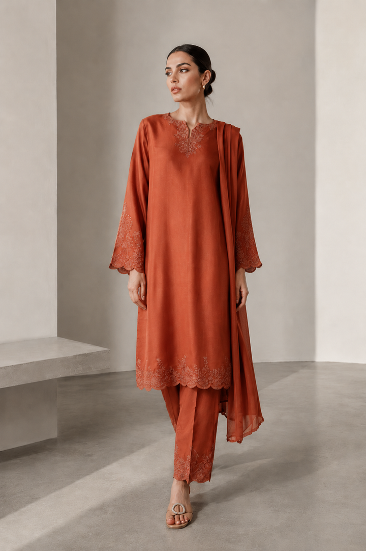Burnt Orange Embroidered 3-Piece Set
