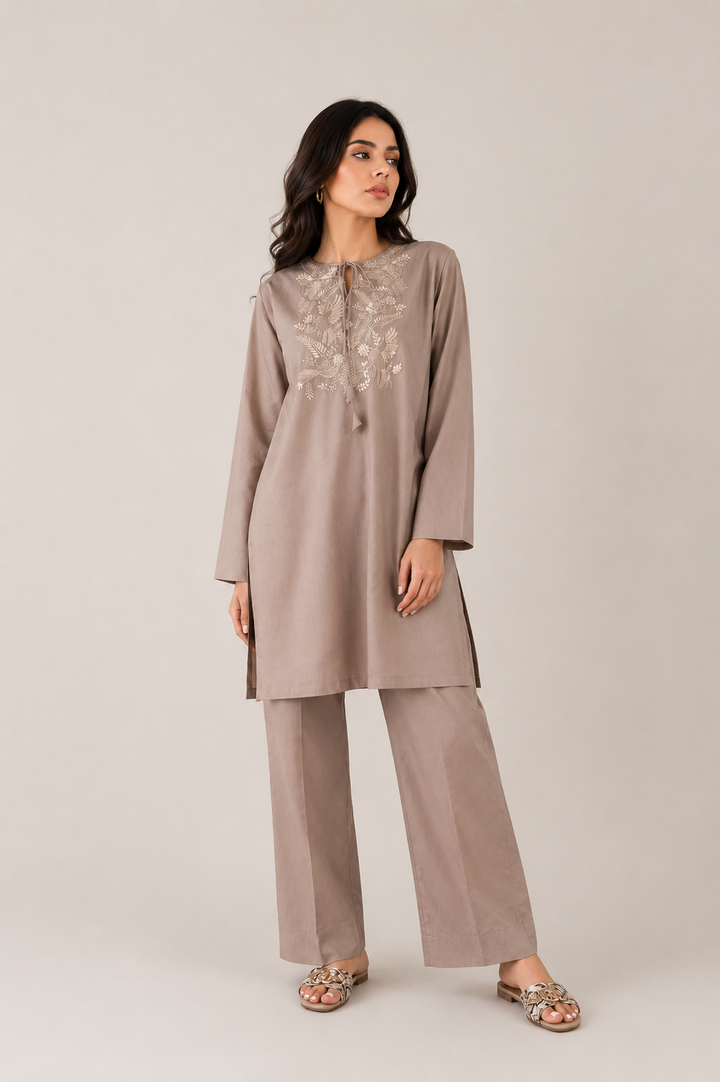 Taupe Embroidered 2-Piece Set