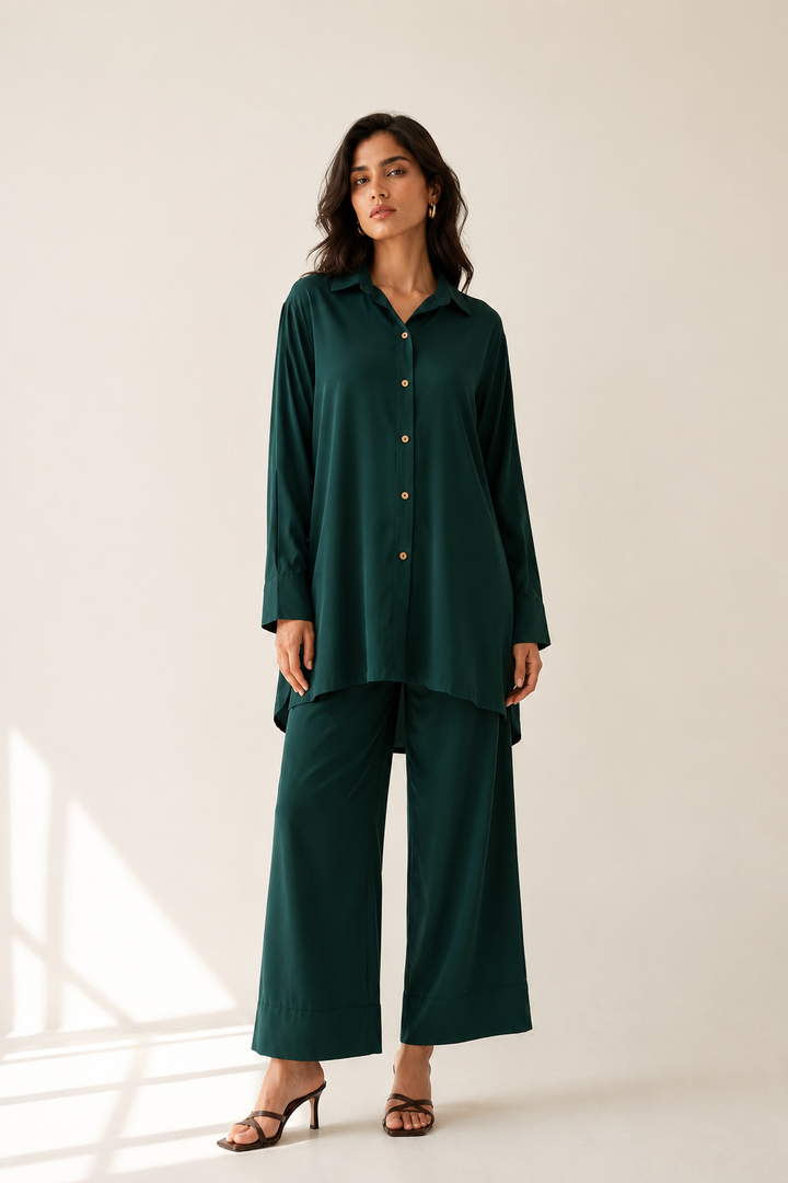 Bottle Green Button-Down Co Ord Set - 04