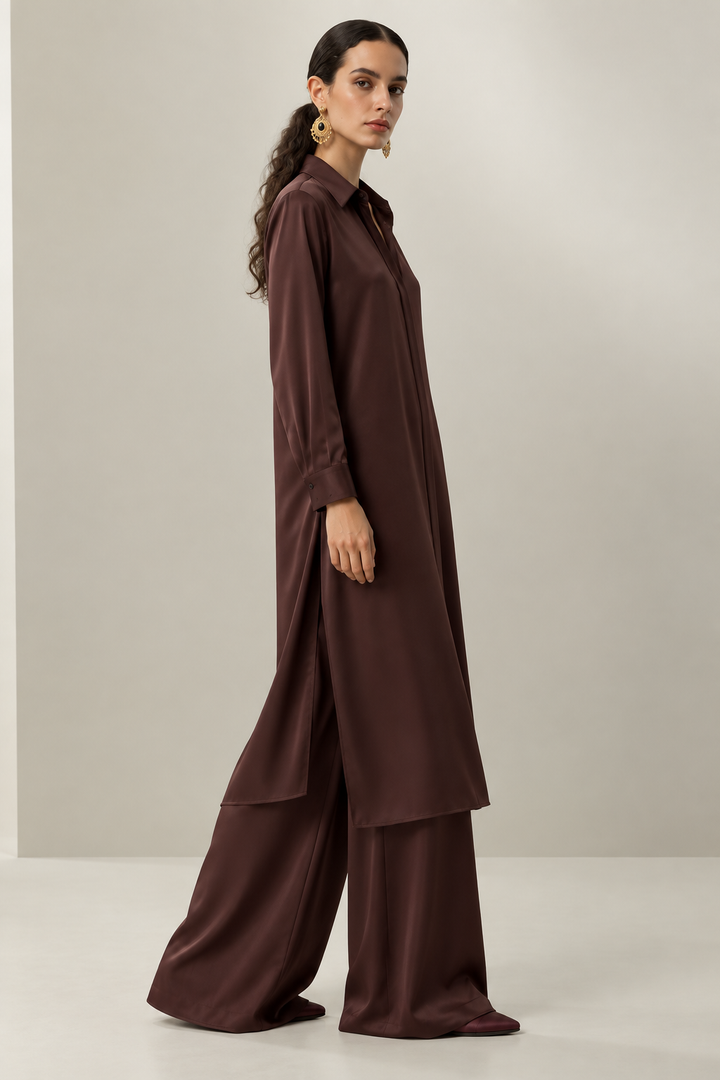 Cocoa Satin Longline Co-ord