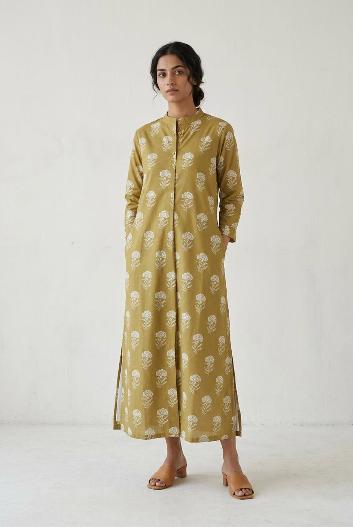 Muted Mustard Floral Shirt Dress