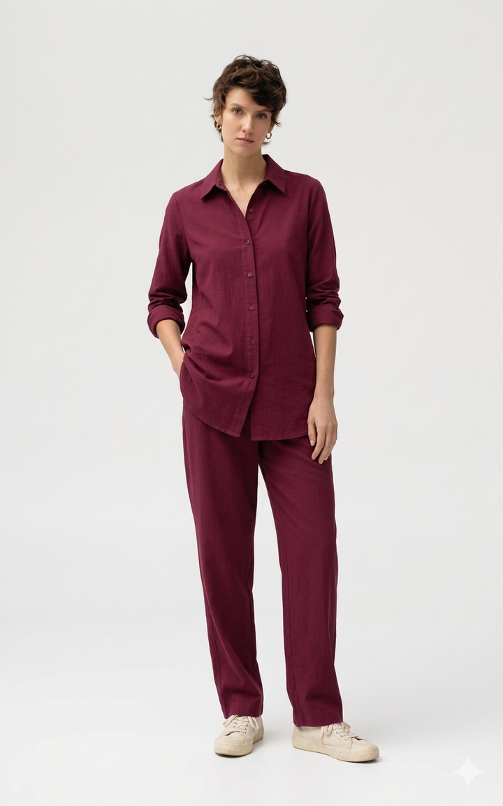 Maroon Button-Down Co Ord Set