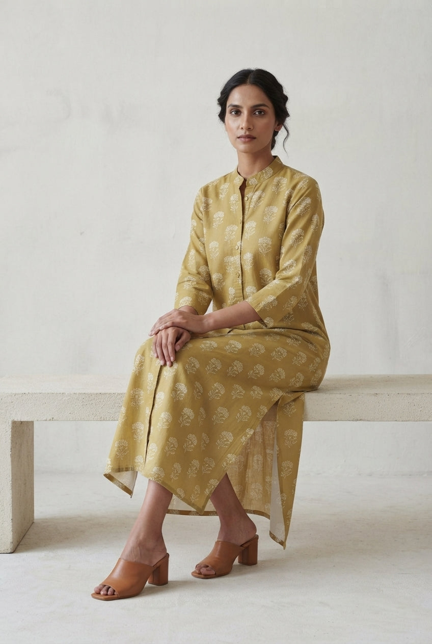 Muted Mustard Floral Shirt Dress