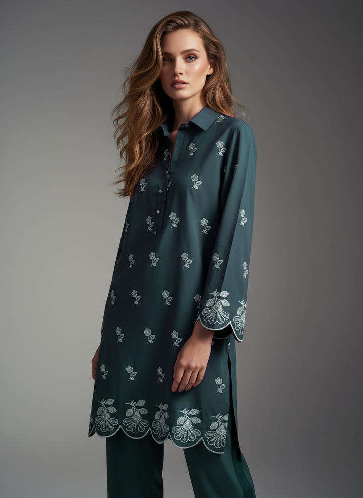 Teal Green Embroidered Co Ord Set