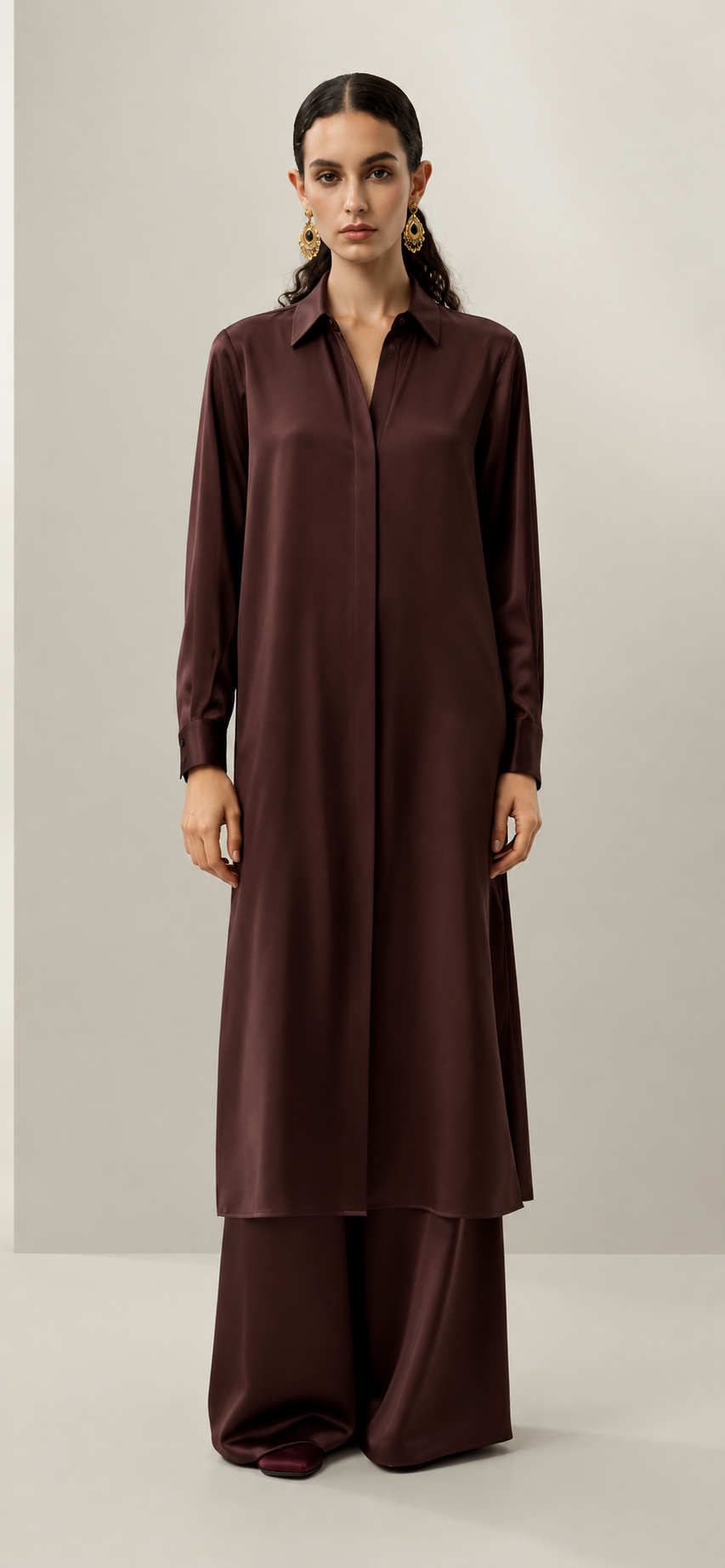 Cocoa Satin Longline Co-ord