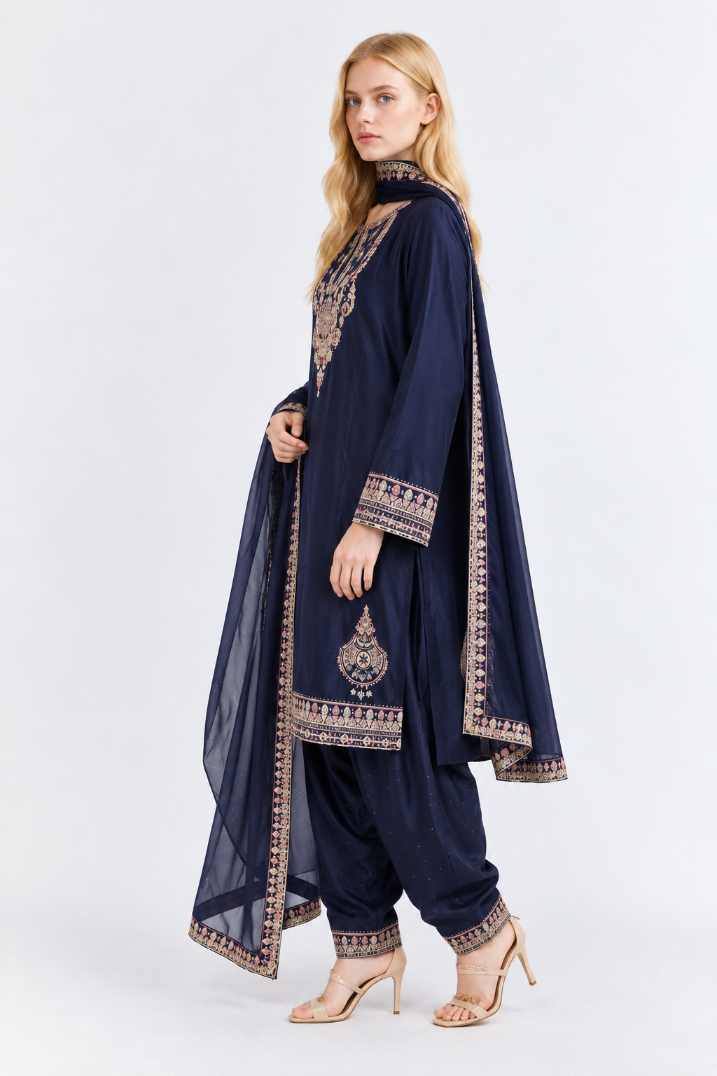 Navy Blue Embroidered 3-Piece Set