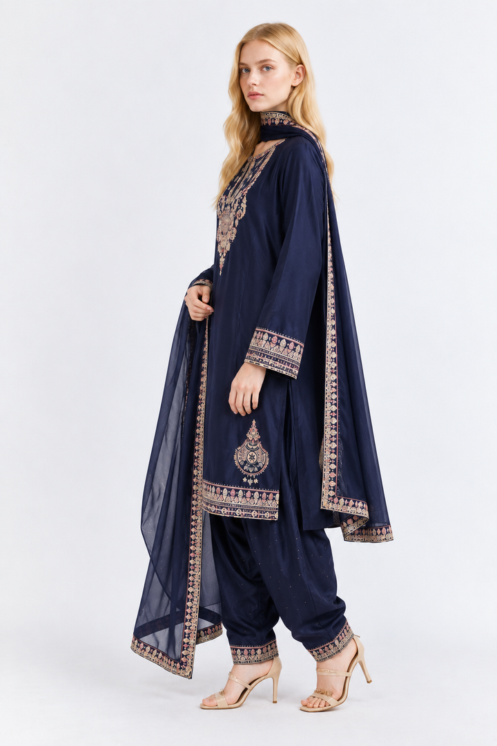 Navy Blue Embroidered 3-Piece Set