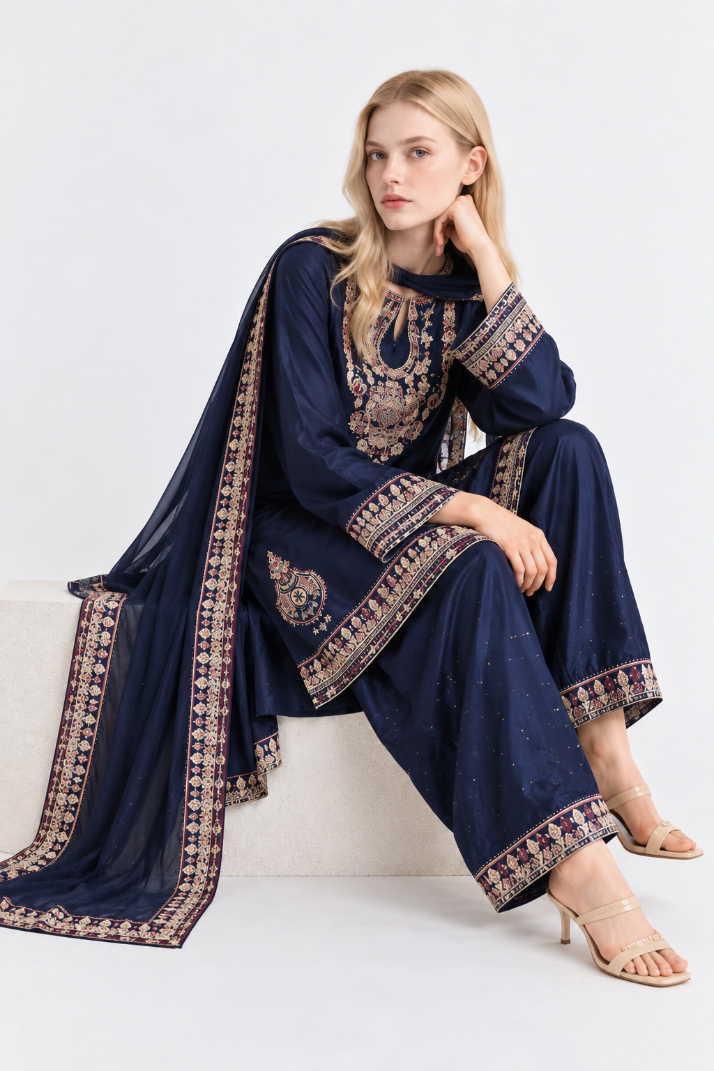 Navy Blue Embroidered 3-Piece Set