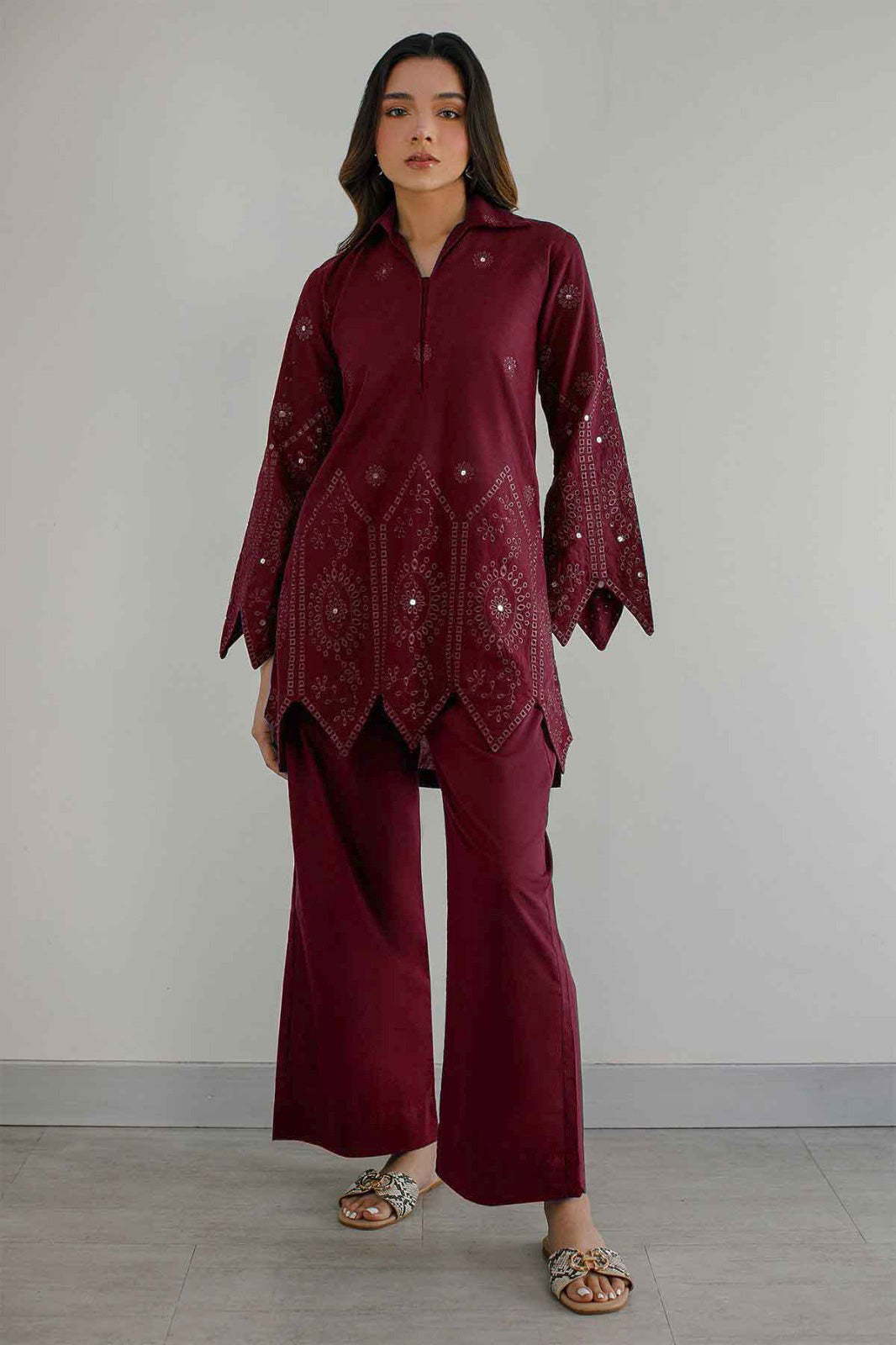 Maroon Schiffli Co Ord Set - 030