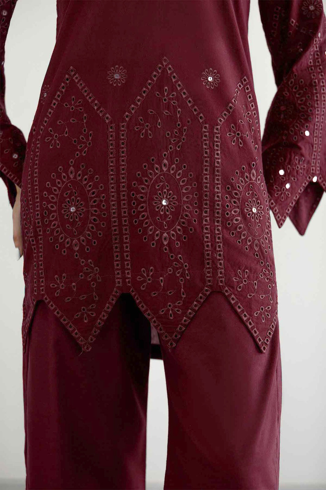 Maroon Schiffli Co Ord Set - 030