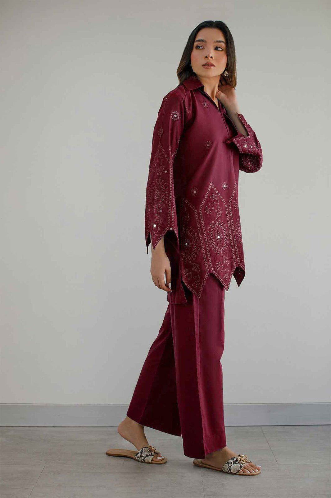 Maroon Schiffli Co Ord Set - 030