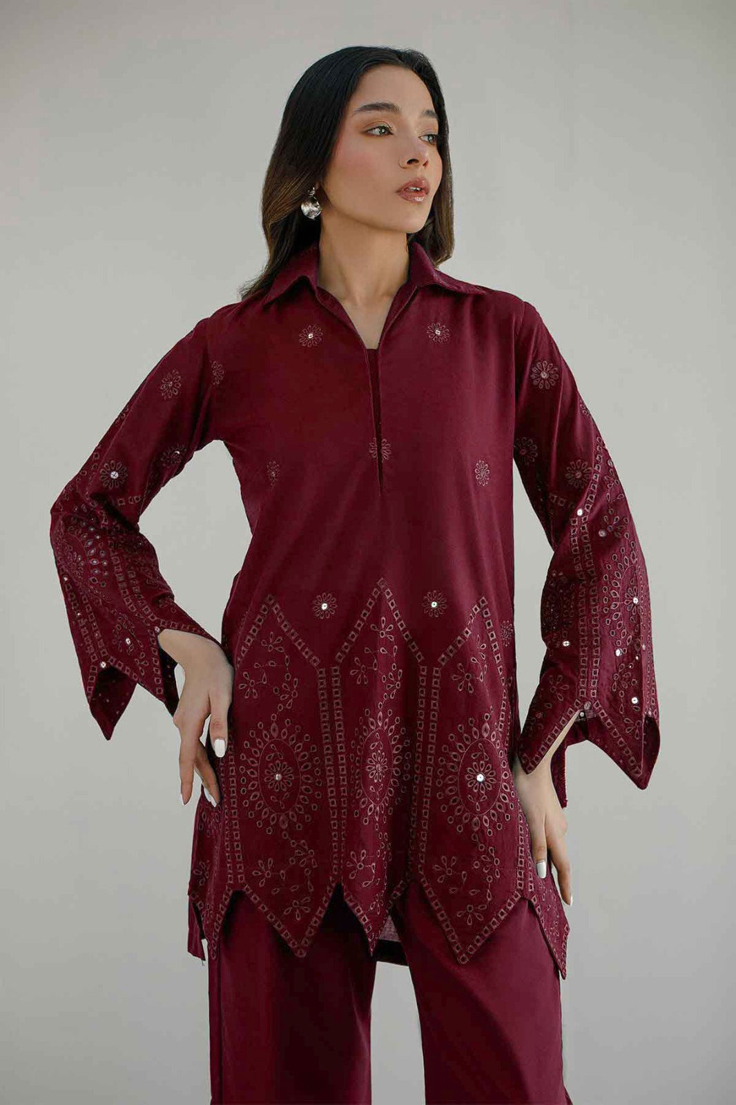 Maroon Schiffli Co Ord Set - 030