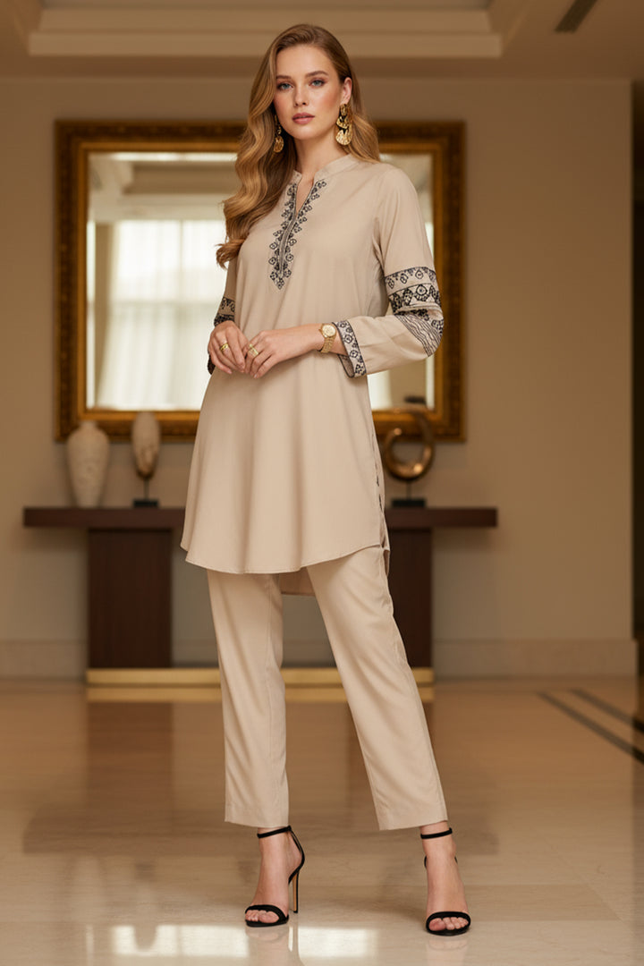 Beige Embroidered Co Ord Set