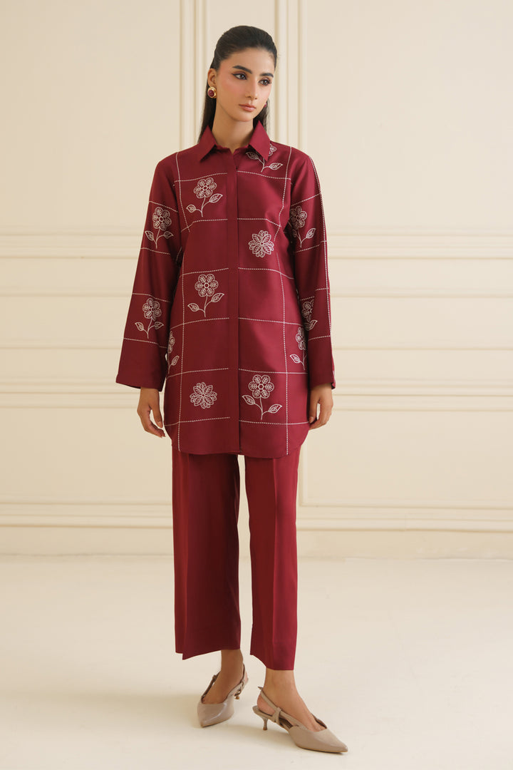 Maroon Embroidered Co Ord Set