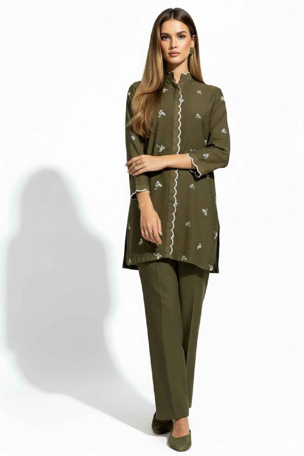 Olive Green Embroidered Co Ord Set