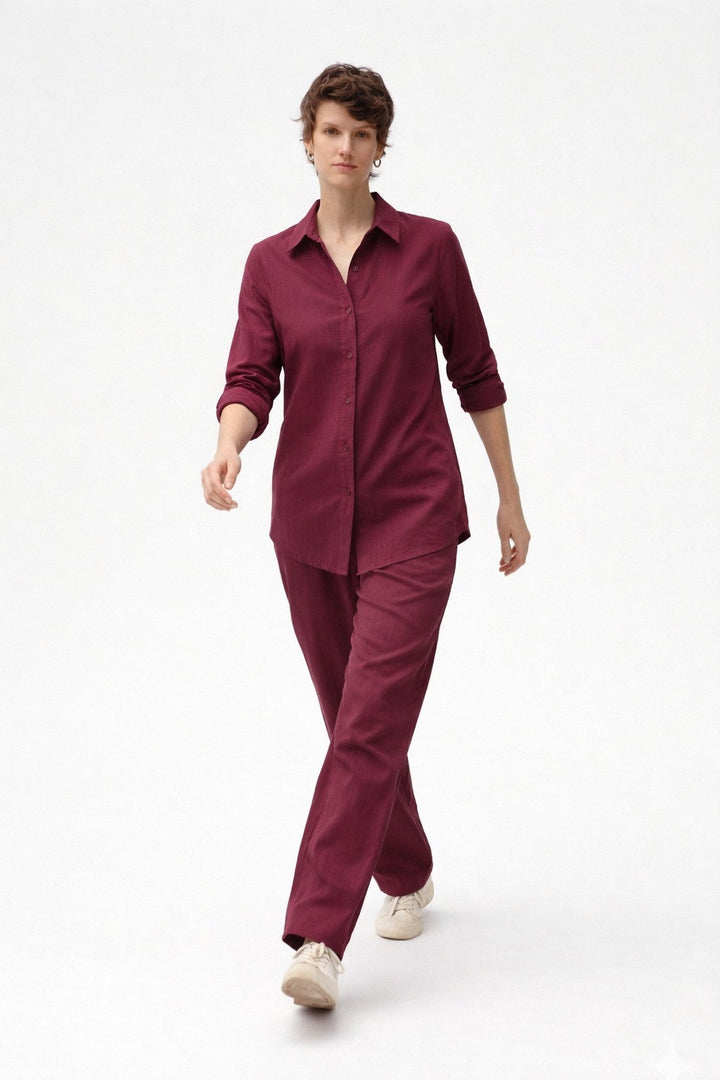 Maroon Button-Down Co Ord Set