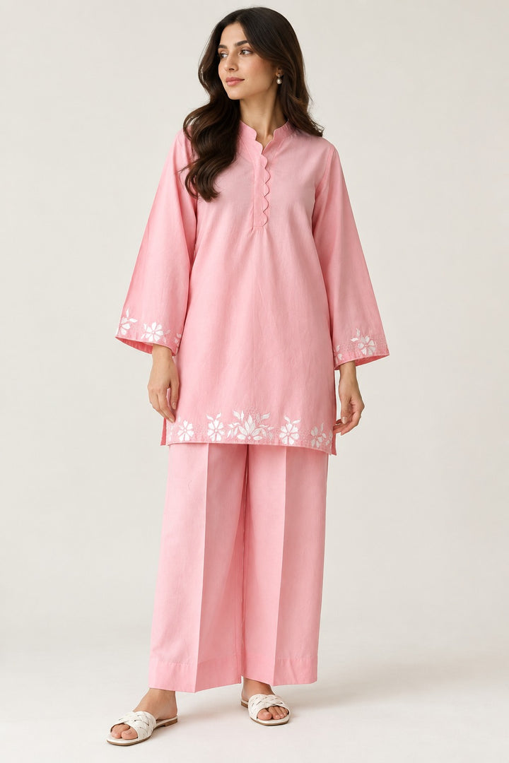 Pink Petal Embroidered 2 Pcs Set