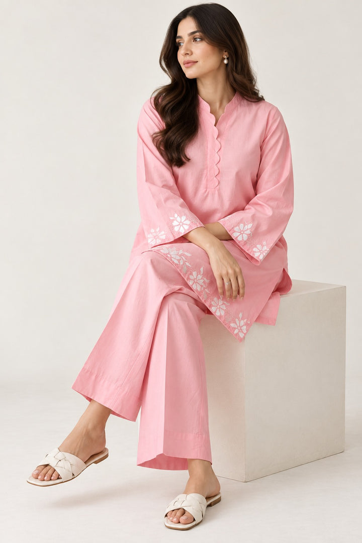 Pink Petal Embroidered 2 Pcs Set