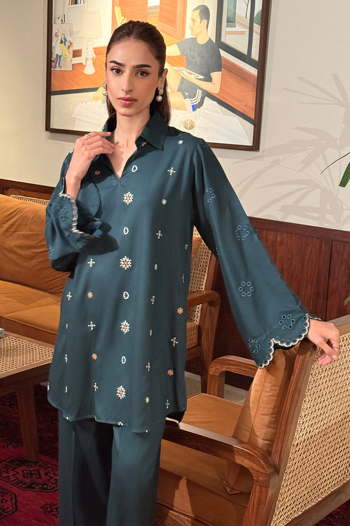 Bottle Green Embroidered Co Ord Set