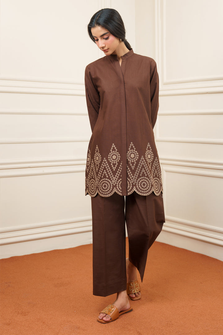 Dark Brown Embroidered Co Ord Set