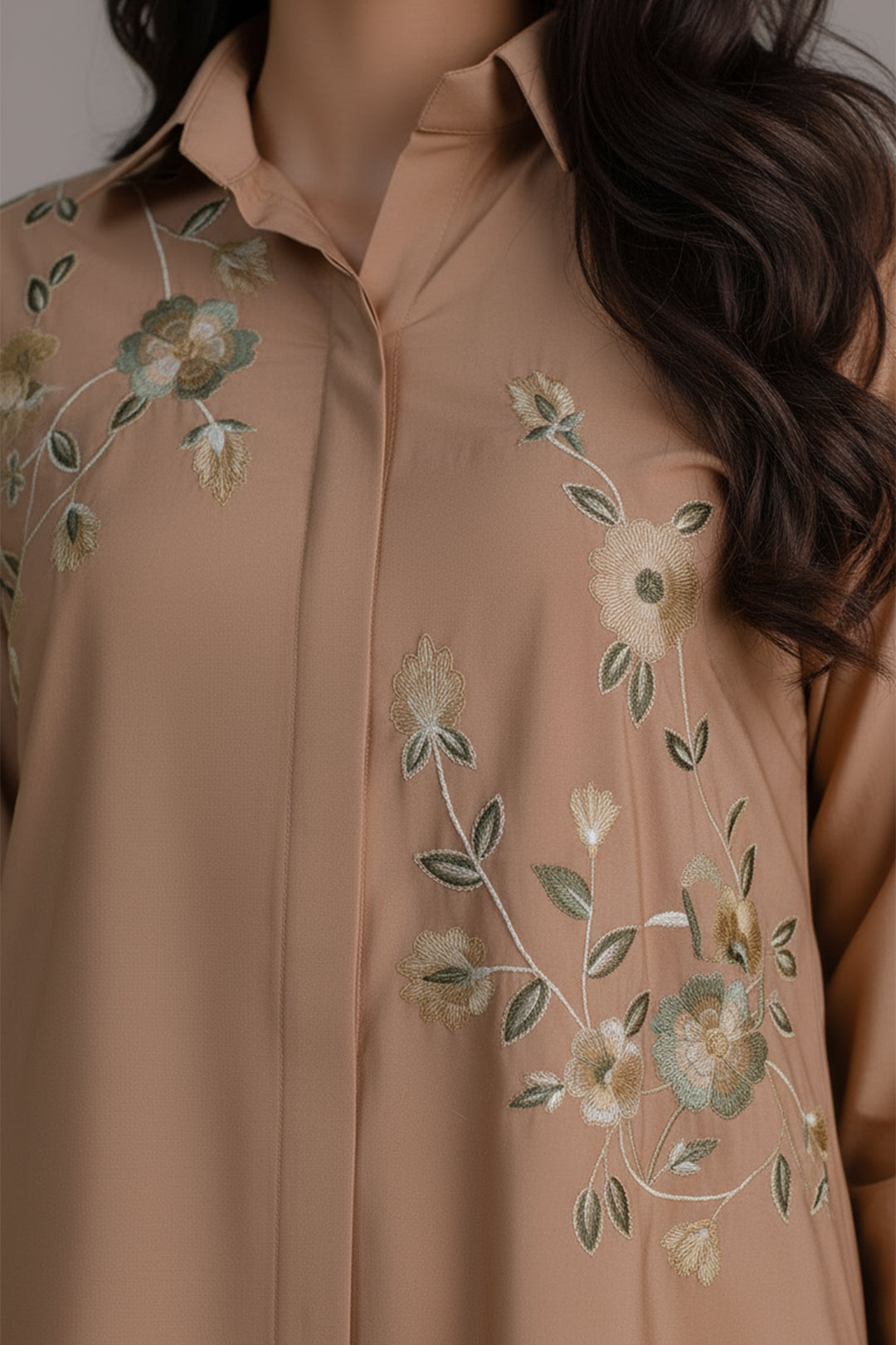 Pastel Brown Embroidered Co Ord Set-02