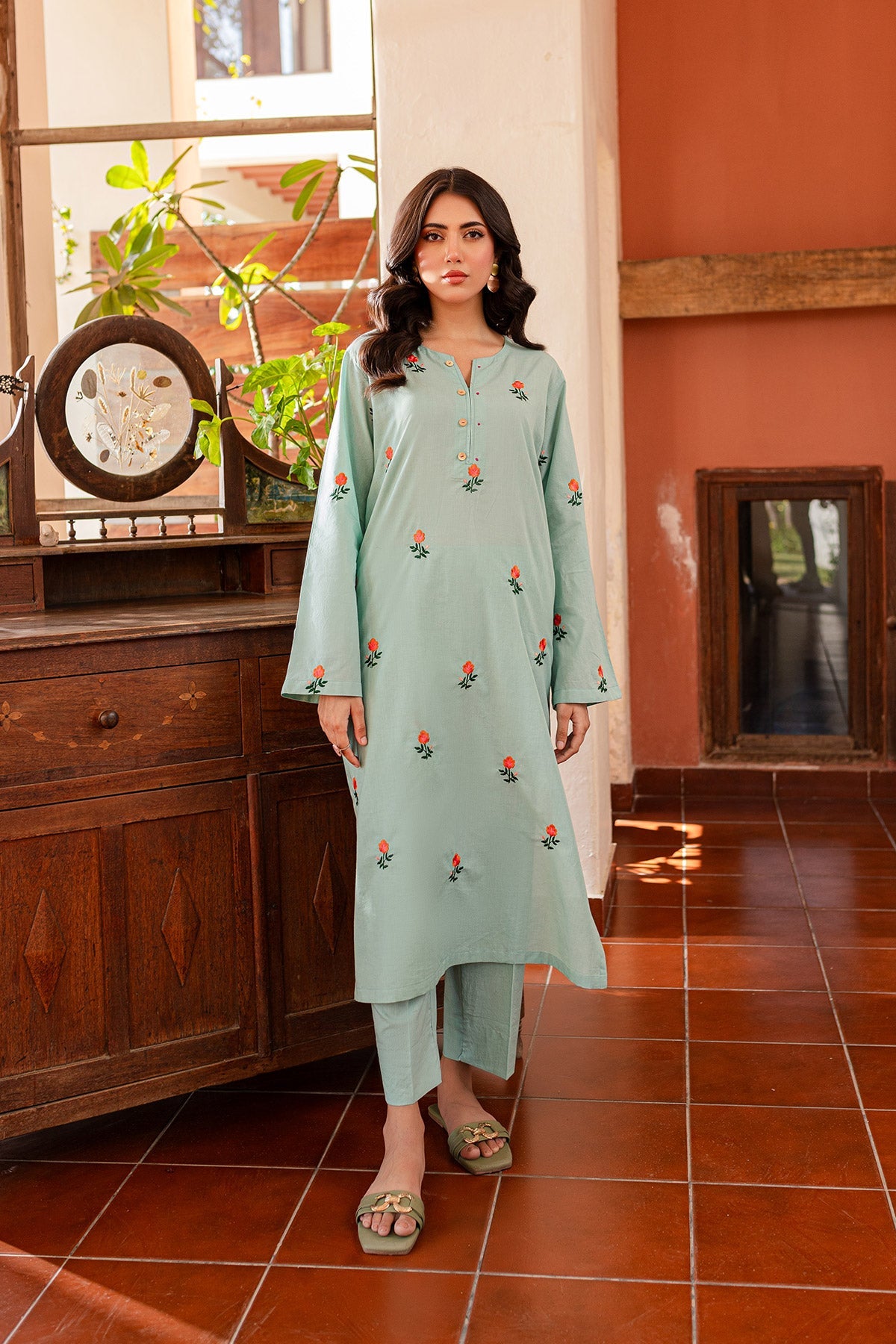 Aqua Pearl Embroidered Dress - Peach Republic