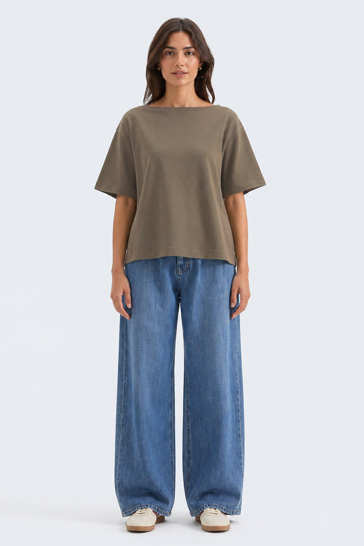 OVERSIZED BOAT NECK COTTON T-SHIRT