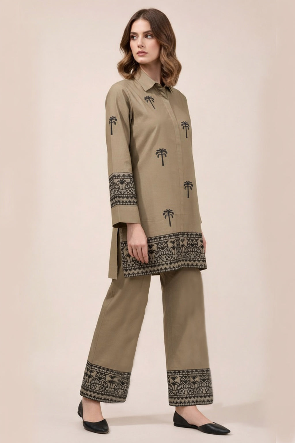 Camel Embroidered Co Ord Set