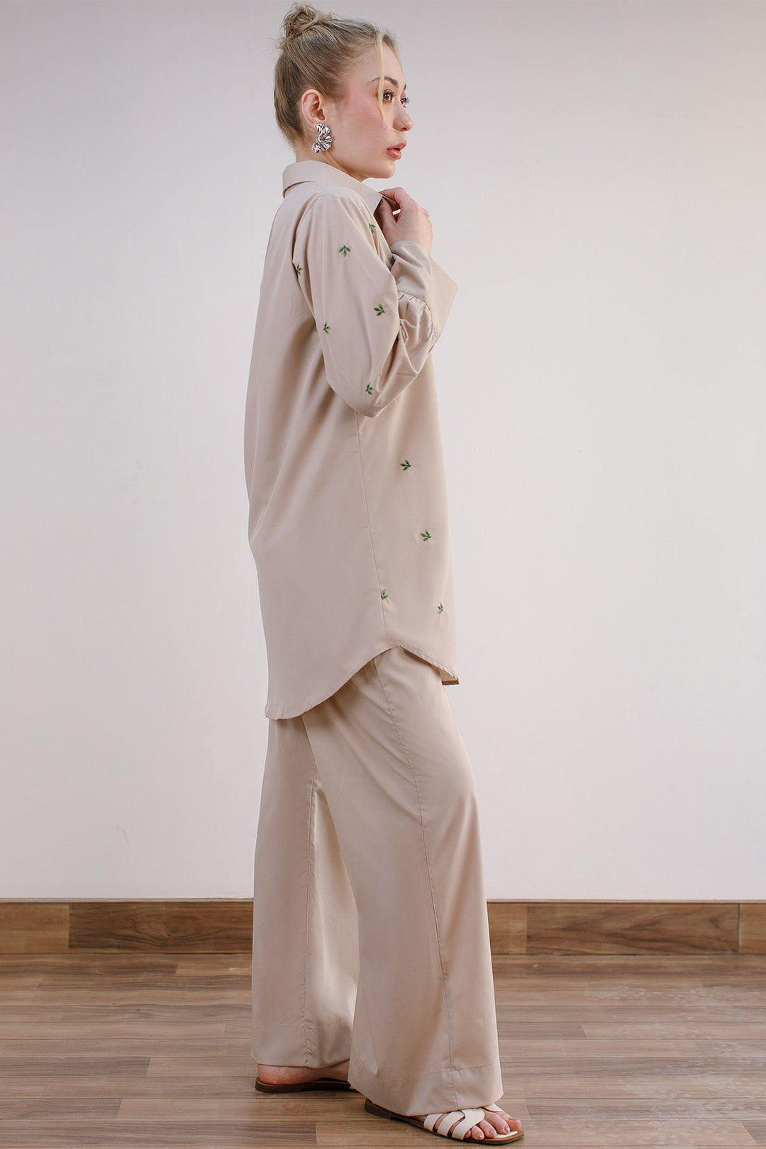 Beige Embroidered Co Ord Set - 02 - Peach Republic