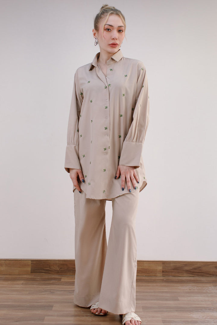 Beige Embroidered Co Ord Set - 02 - Peach Republic