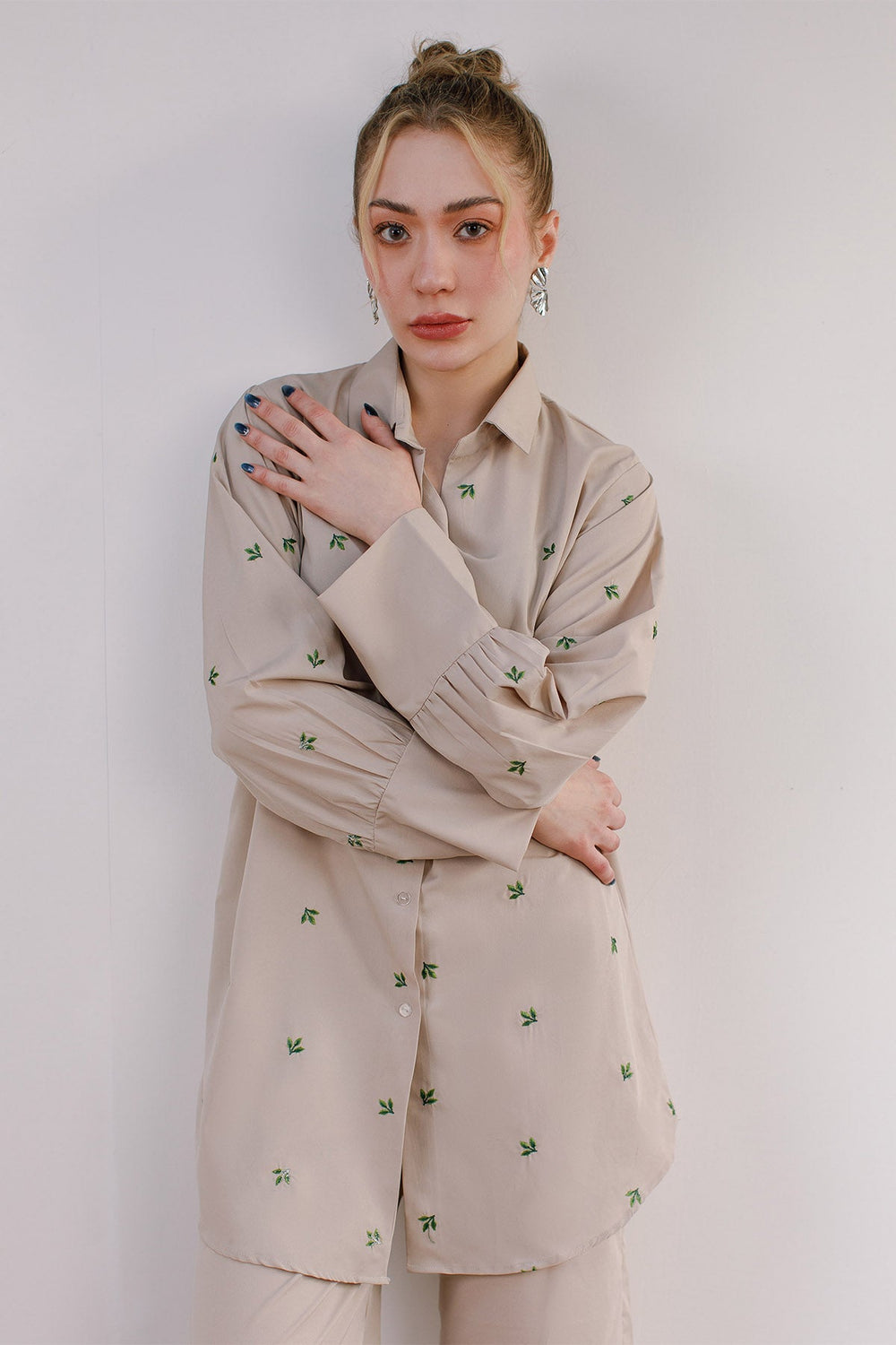 Beige Embroidered Co Ord Set - 02 - Peach Republic