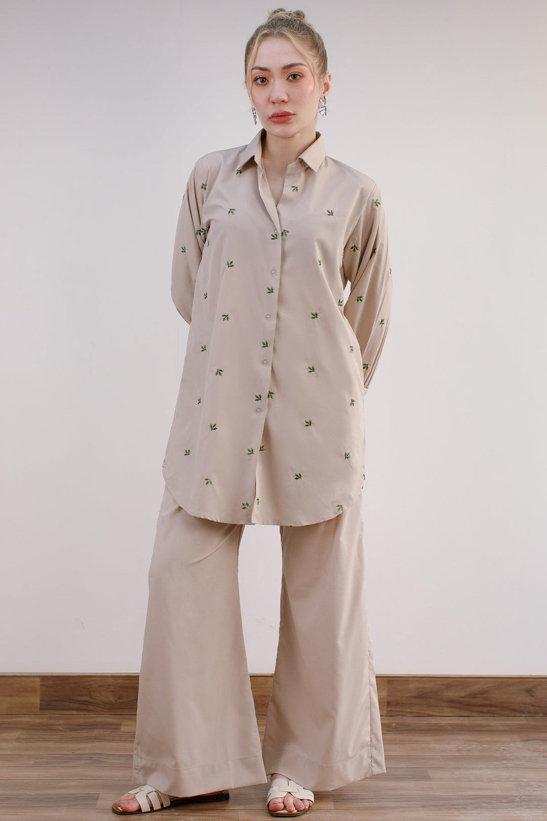 Beige Embroidered Co Ord Set - 02 - Peach Republic