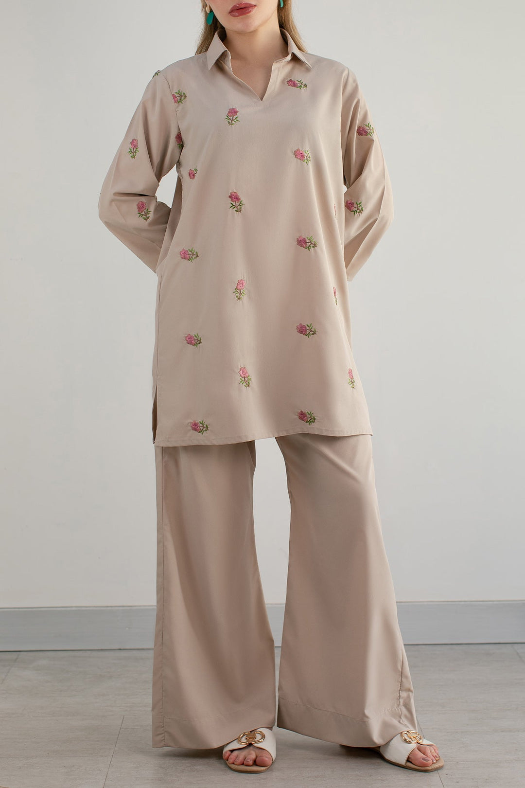 Beige Embroidered Co Ord Set - 04 - Peach Republic