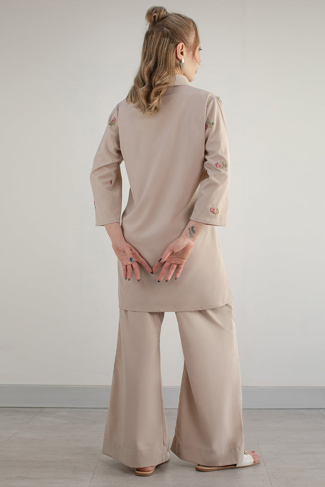 Beige Embroidered Co Ord Set - 04 - Peach Republic