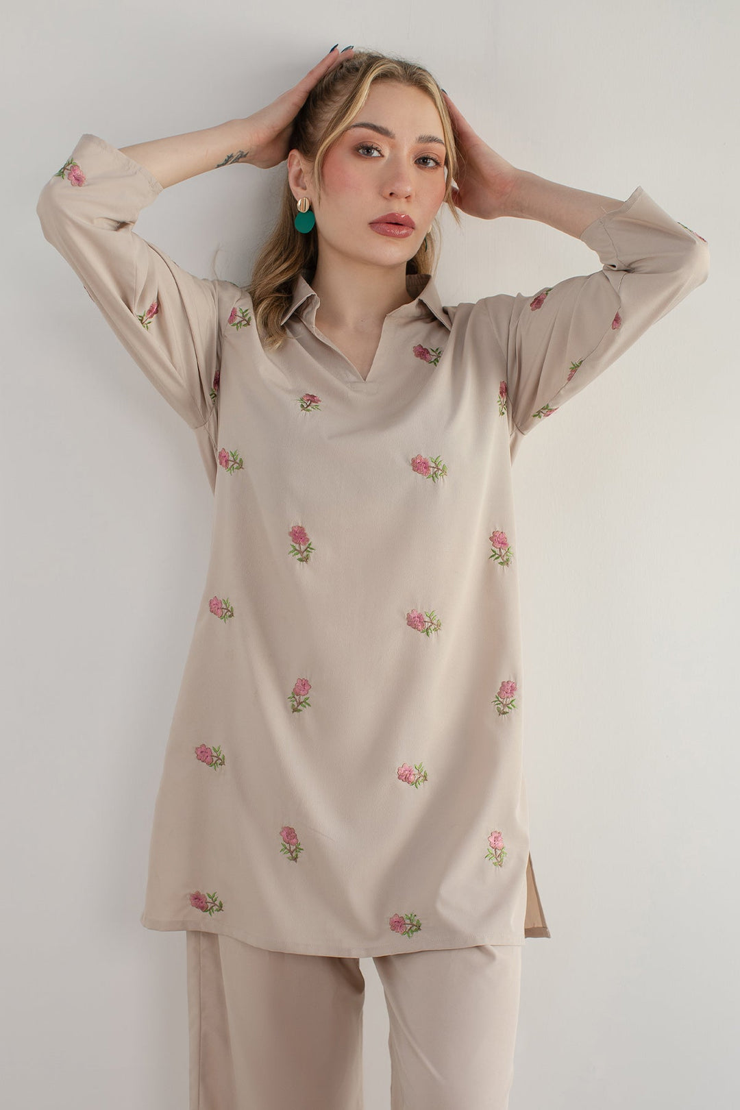 Beige Embroidered Co Ord Set - 04 - Peach Republic