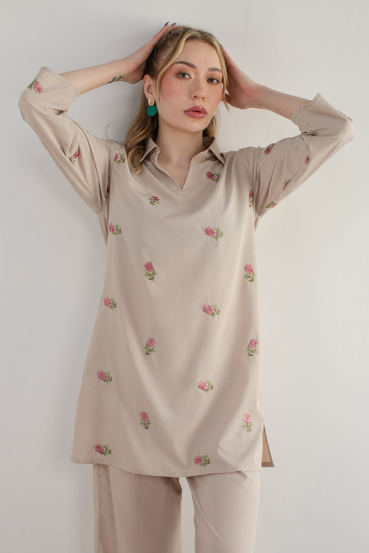 Beige Embroidered Co Ord Set - 04 - Peach Republic