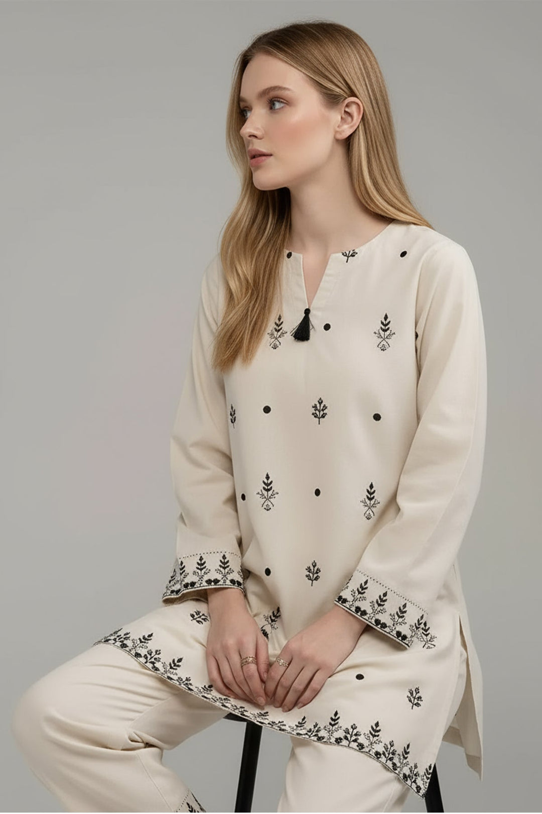 Beige Embroidered Co Ord Set - Peach Republic