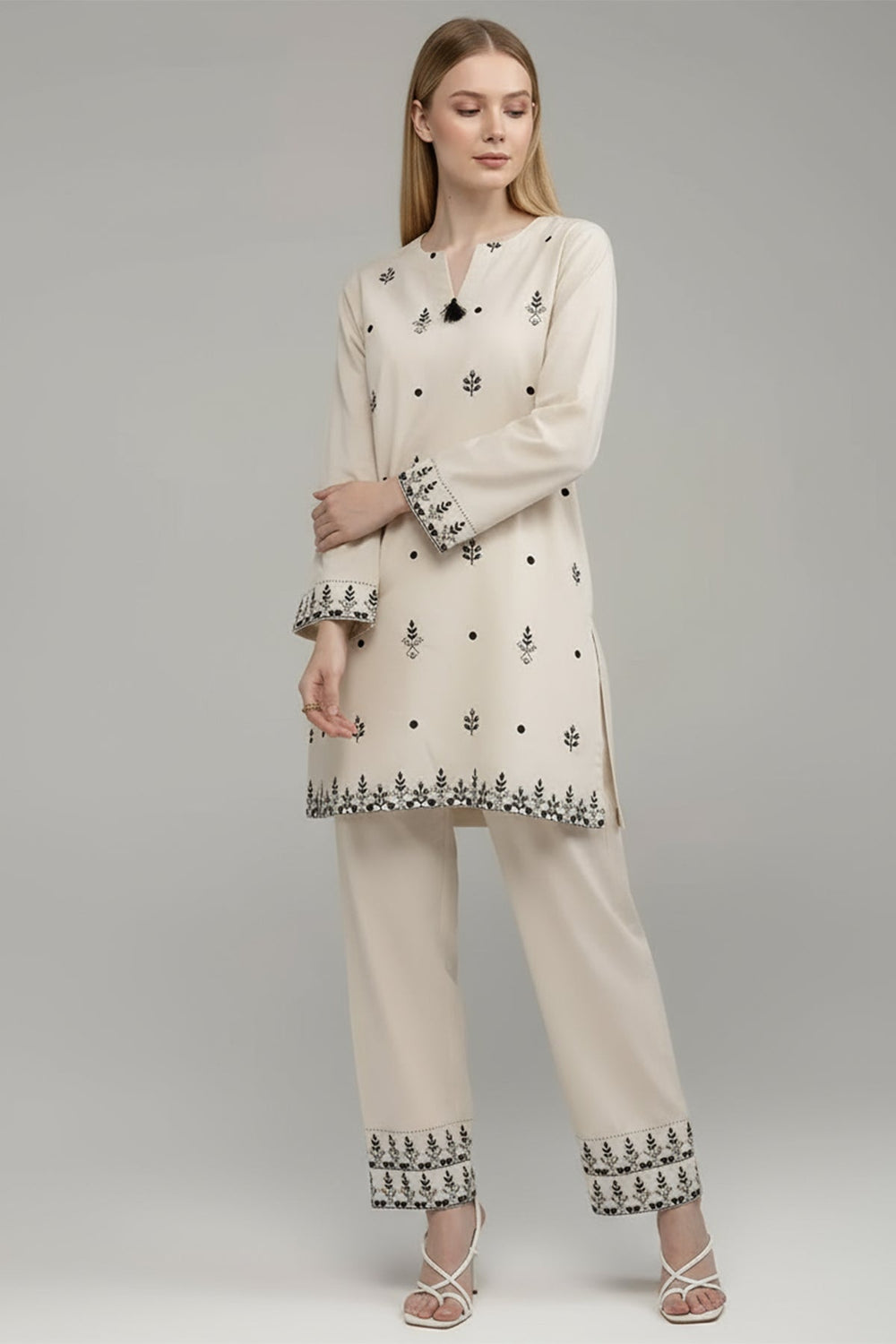 Beige Embroidered Co Ord Set - Peach Republic