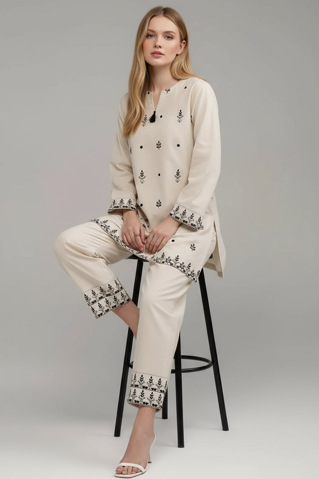 Beige Embroidered Co Ord Set - Peach Republic